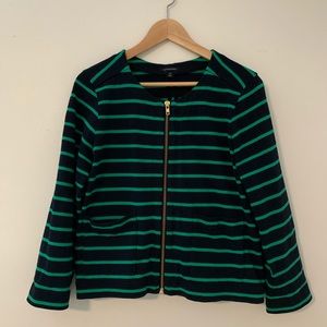 Lands End Navy Green Stripe Zip-Up Sweater Jacket